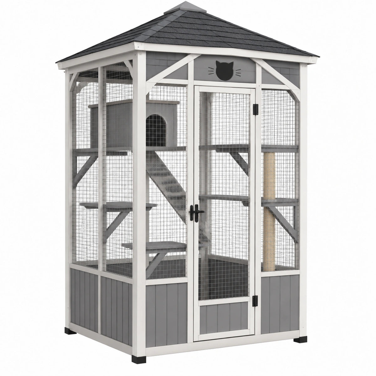 Enclos extérieur pour chat 100 x 100 x 180 cm en bois gris et blanc avec grillage et toit