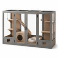 Enclos pour chat 180 x 80 x 120 cm en métal gris et bois à plusieurs niveaux