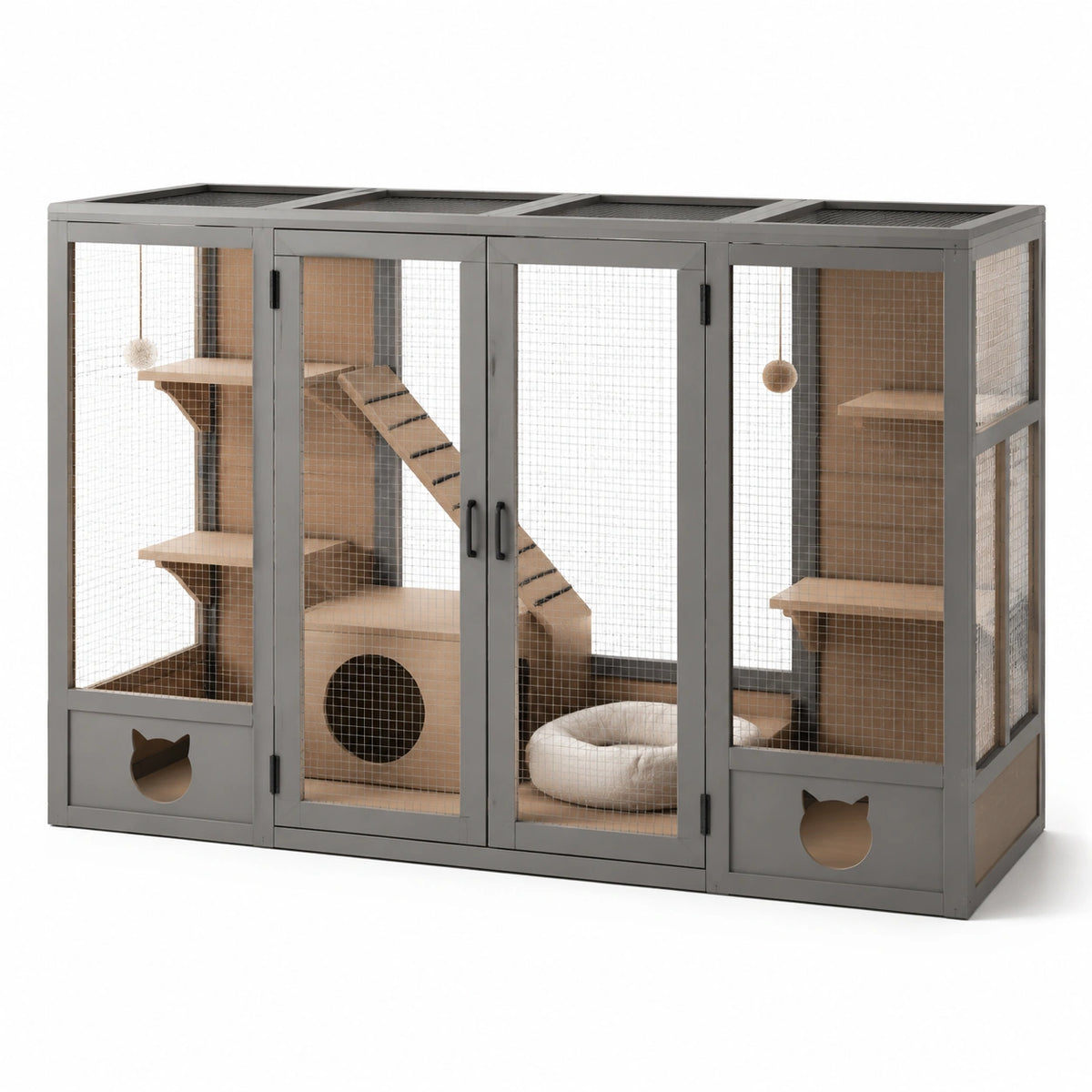 Enclos pour chat 180 x 80 x 120 cm en métal gris et bois à plusieurs niveaux