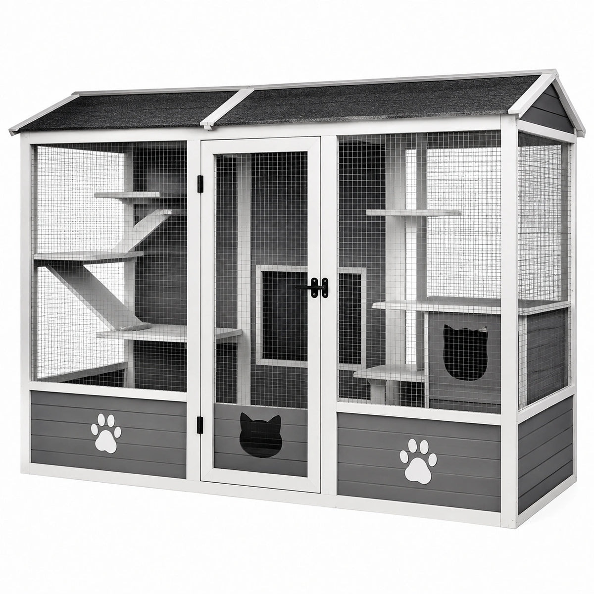 Enclos extérieur pour chat 180 x 90 x 180 cm en bois gris et blanc avec grillage et plateformes