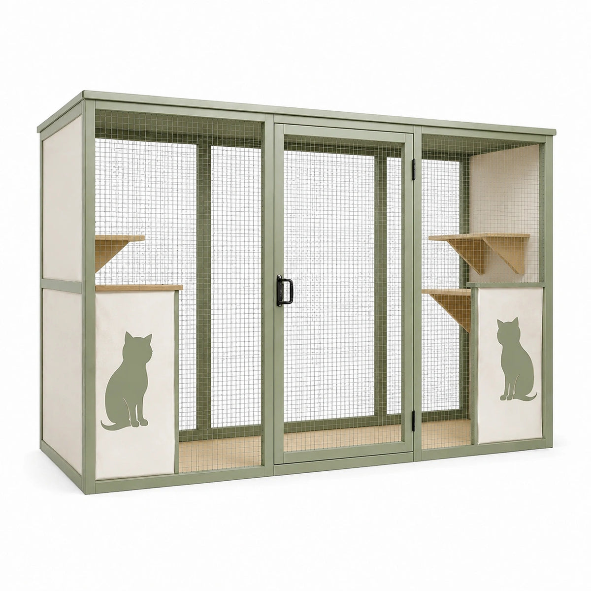 Enclos pour chats 180 x 90 x 180 cm en métal vert sauge avec plateformes en bois