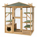 Enclos pour chat 120 x 60 x 180 cm en bois naturel vert avec toit et plateformes