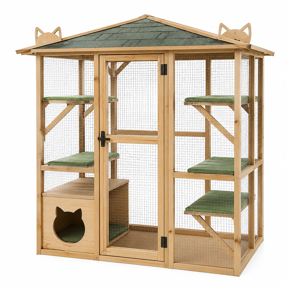 Enclos pour chat 120 x 60 x 180 cm en bois naturel vert avec toit et plateformes