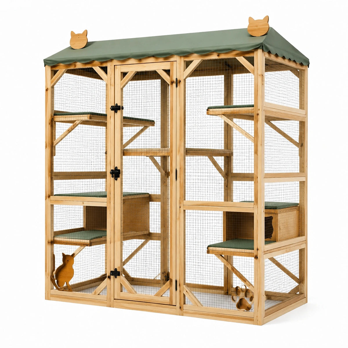 Enclos extérieur pour chats 180 x 90 x 180 cm en bois naturel vert avec plateformes et toit