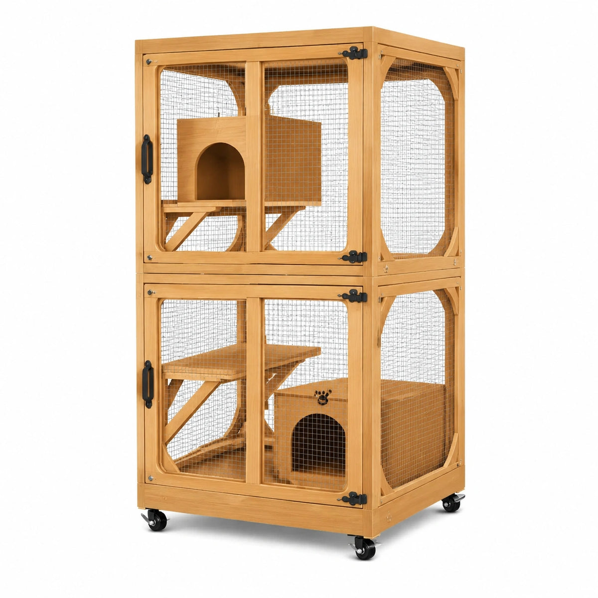 Cage pour chat 90 x 60 x 130 cm en bois naturel à roulettes sur deux niveaux