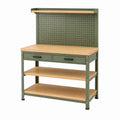 Établi d'atelier 120 x 60 x 170 cm acier et bois vert kaki avec panneau perforé et rangements