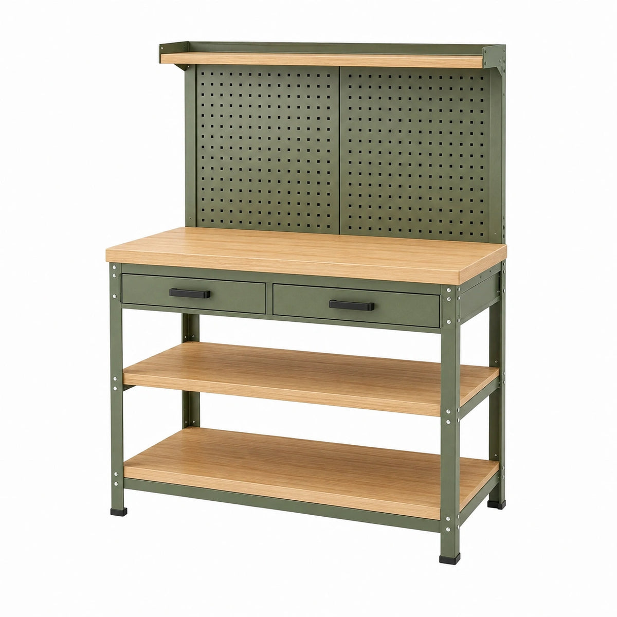 Établi d'atelier 120 x 60 x 170 cm acier et bois vert kaki avec panneau perforé et rangements