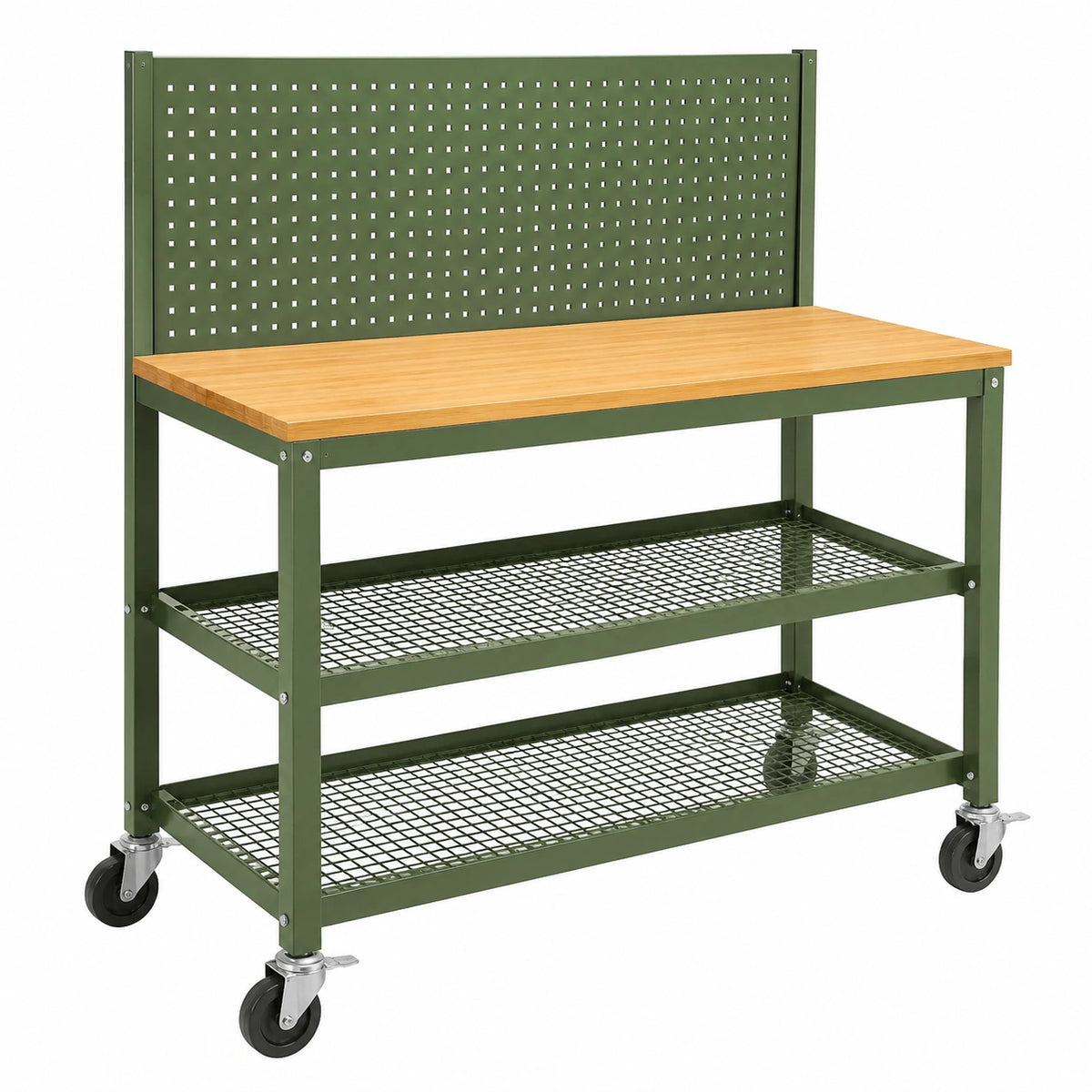 Établi d'atelier 120 x 60 x 150 cm en acier vert avec plateau en bois et roulettes