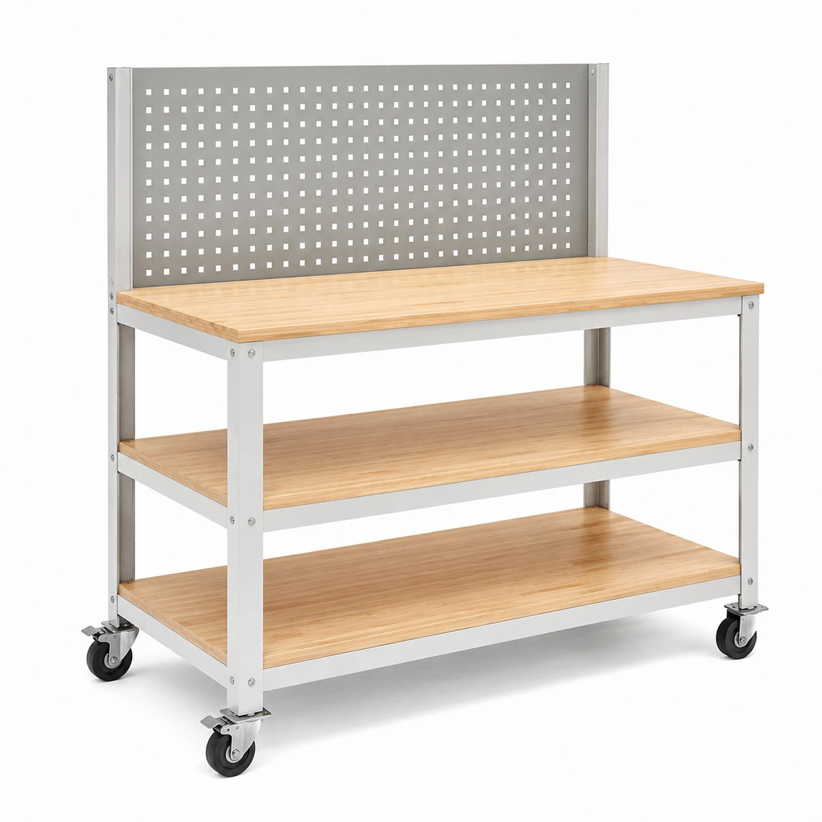 Établi roulant 120 x 60 x 150 cm en métal blanc et bois avec panneau perforé et 2 étagères