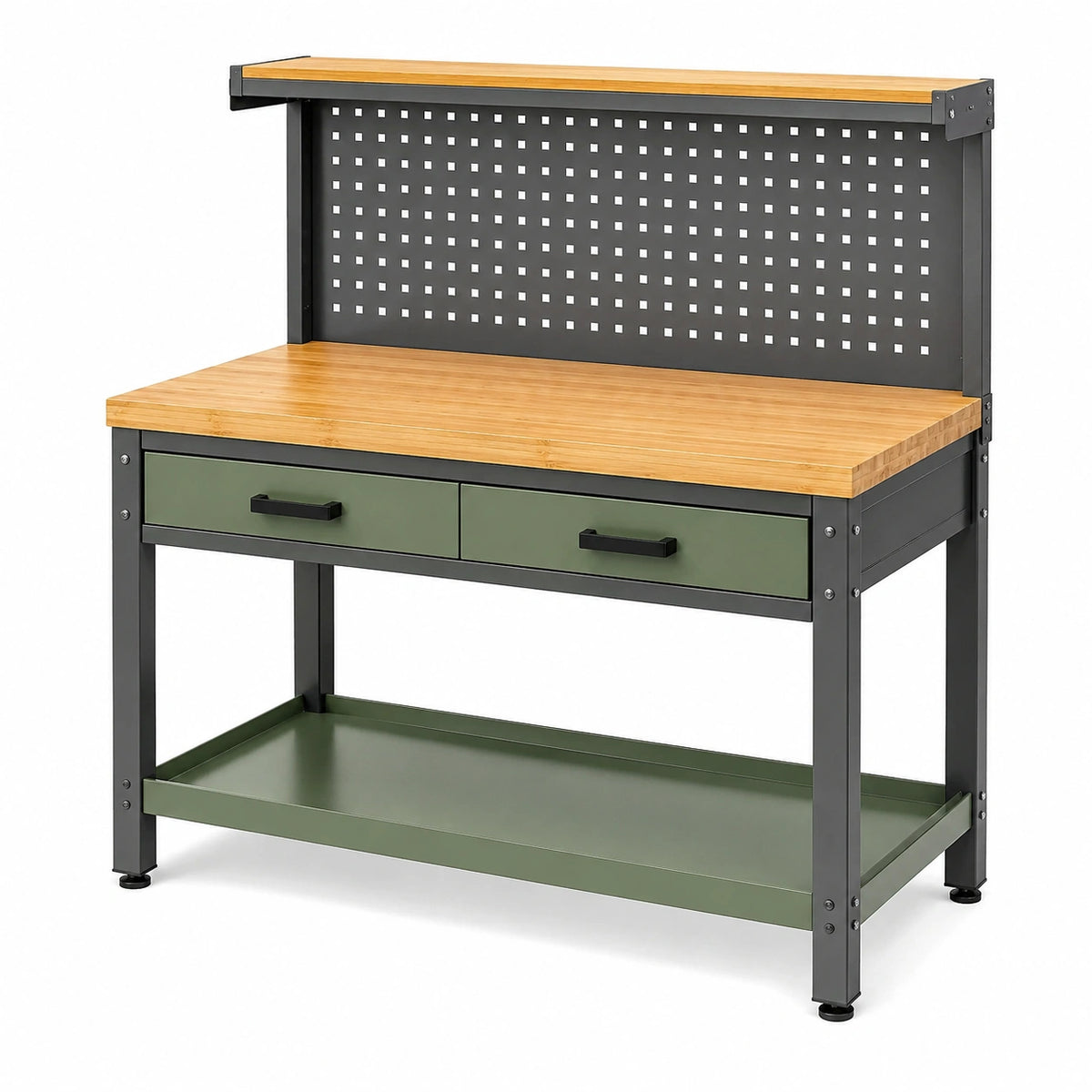 Établi 120 x 60 x 155 cm en bambou et acier vert avec panneau perforé et tiroirs