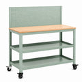 Établi mobile 120 x 60 x 150 cm en acier vert avec plateau en bois et panneau perforé