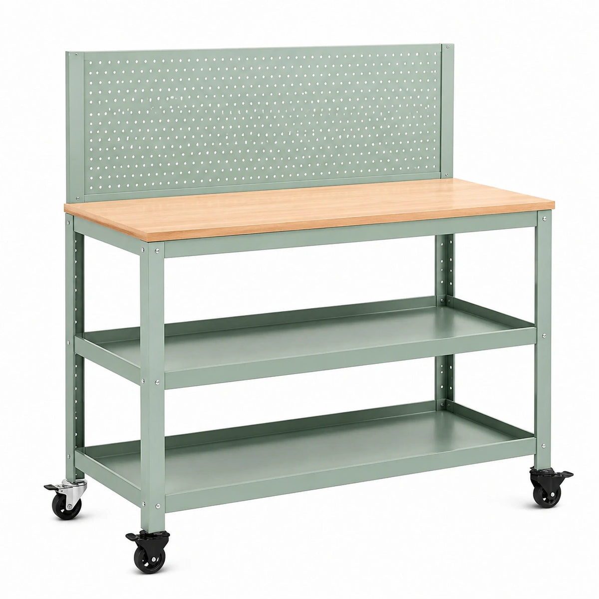 Établi mobile 120 x 60 x 150 cm en acier vert avec plateau en bois et panneau perforé