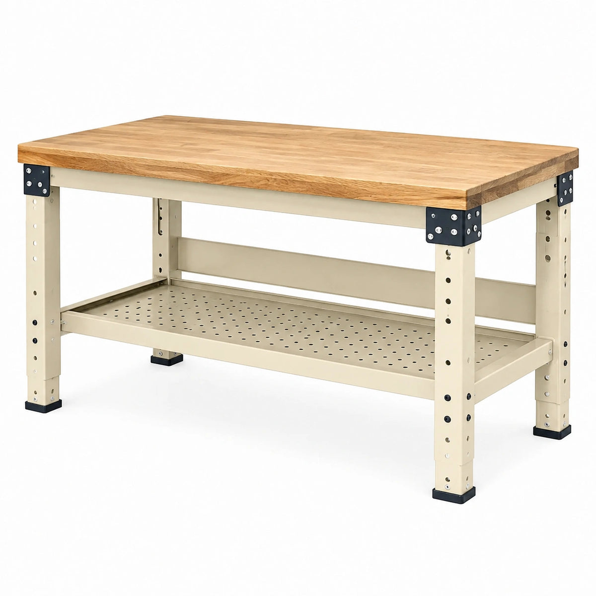 Établi 152 x 76 x 91 cm en bois et acier beige avec étagère de rangement réglable