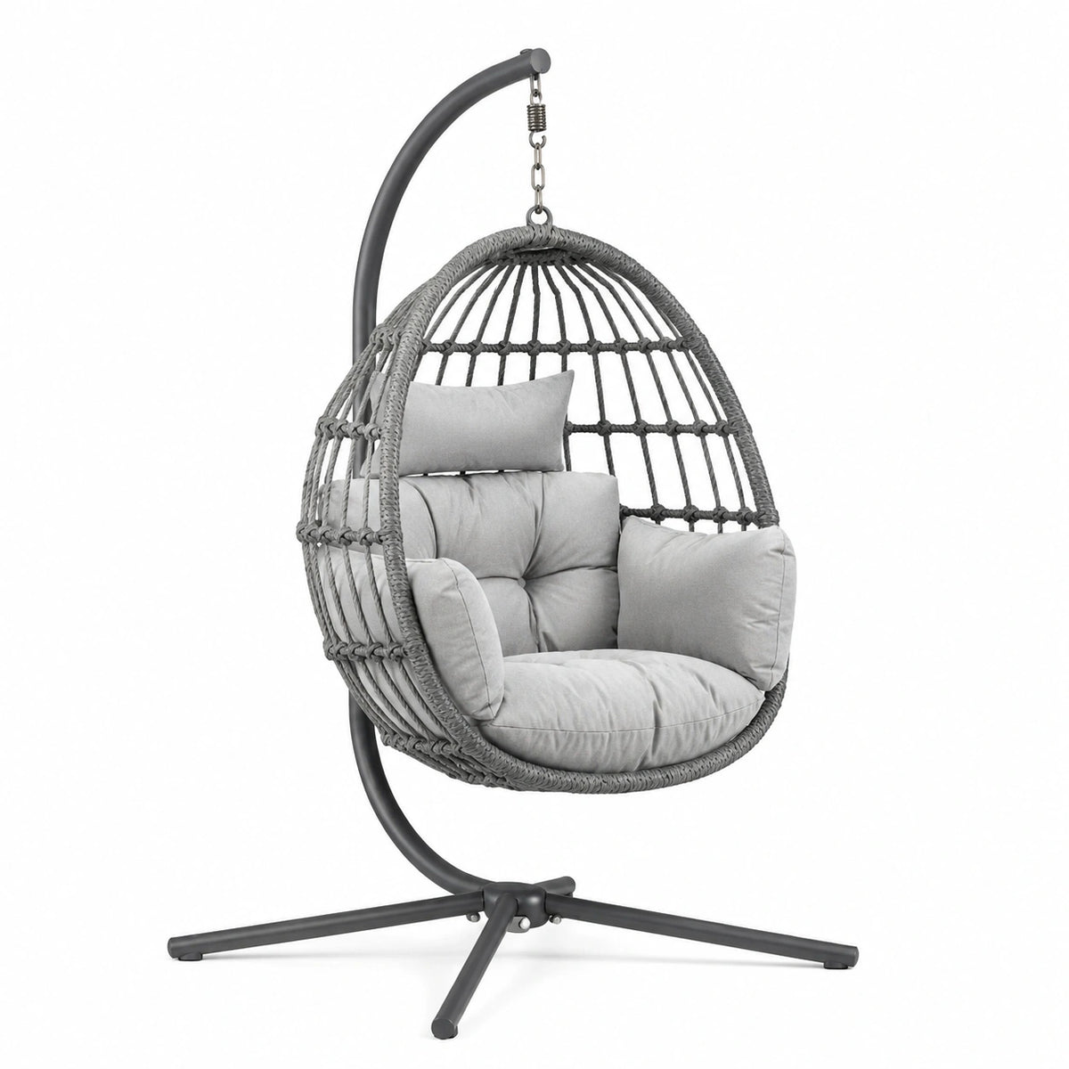 Fauteuil suspendu 105 x 105 x 195 cm en métal et corde gris avec support