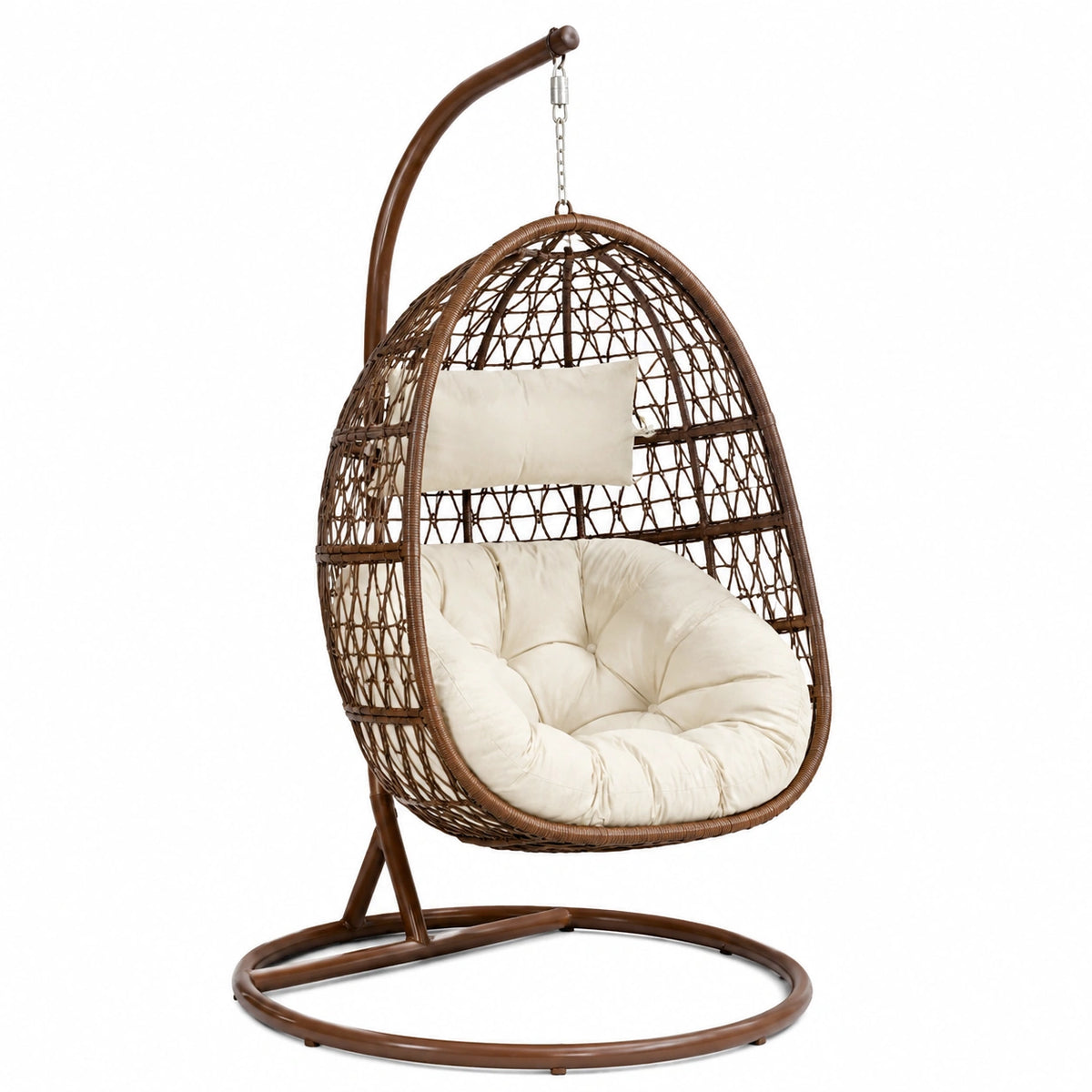 Fauteuil suspendu 105 x 105 x 195 cm en résine tressée marron avec coussin crème style bohème