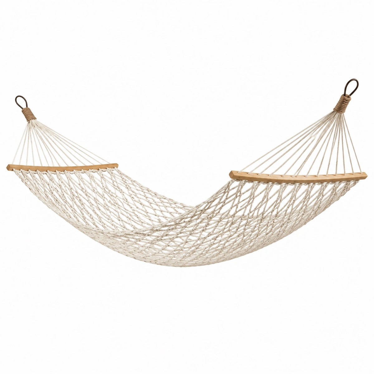 Hamac 270 x 80 cm en corde de coton écru avec barres en bois style bohème