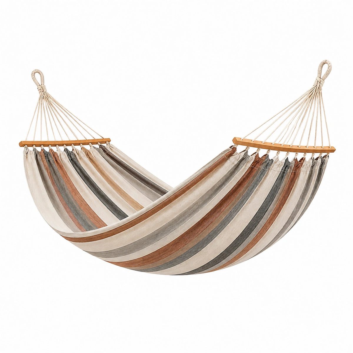 Hamac 200 x 100 cm en tissu rayé beige marron gris avec barres en bois - Suspendu pour jardin