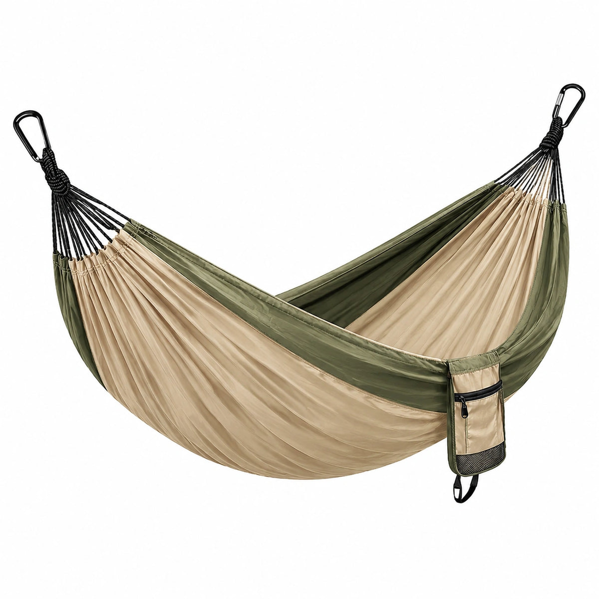 Hamac 270 x 140 cm en tissu synthétique vert kaki et beige avec mousquetons pour extérieur
