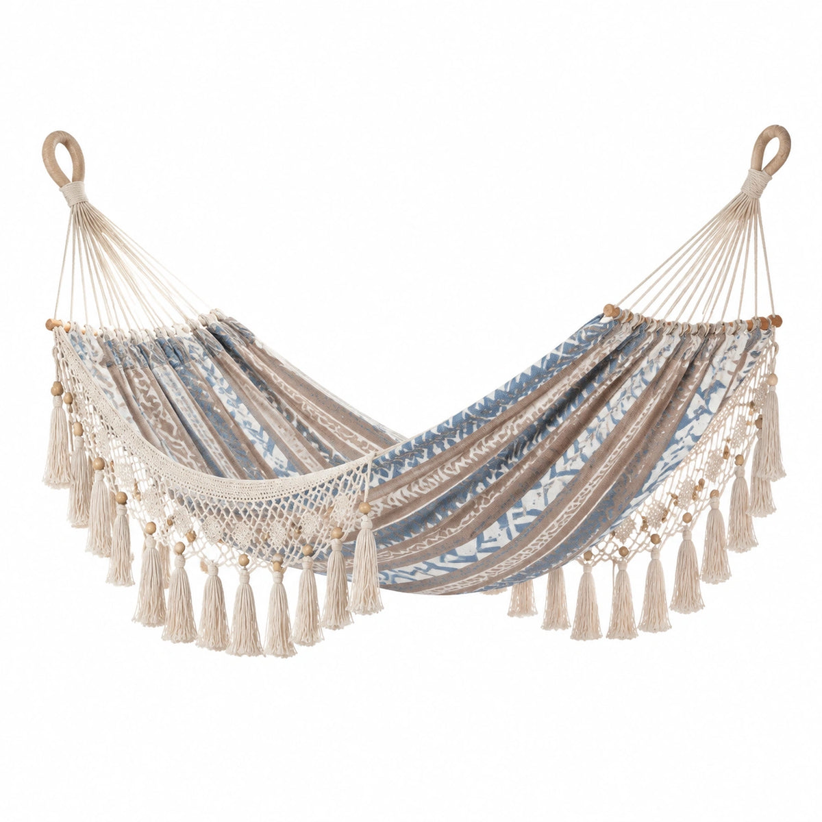 Hamac 200 x 100 cm en coton beige bleu à franges style bohème