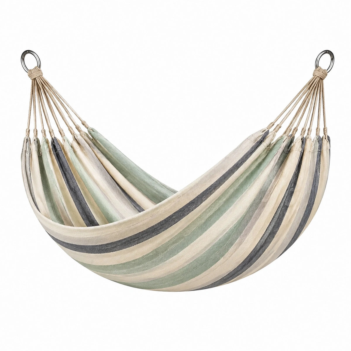 Hamac 200 x 100 cm en coton rayé vert beige gris - suspendu extérieur