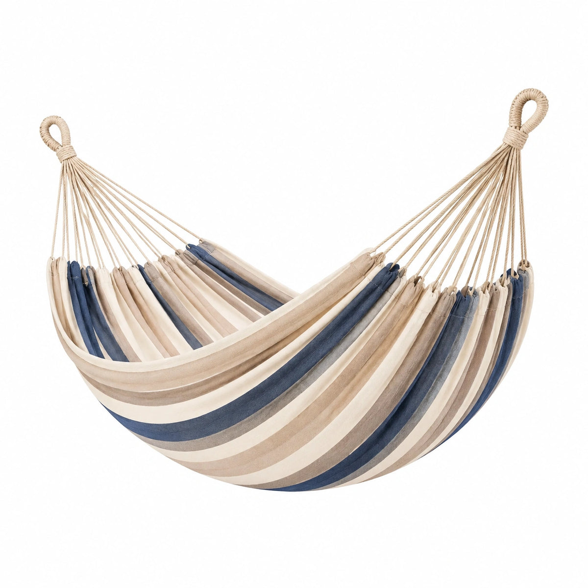 Hamac 200 x 150 cm en coton bleu beige gris - suspendu à rayures pour jardin