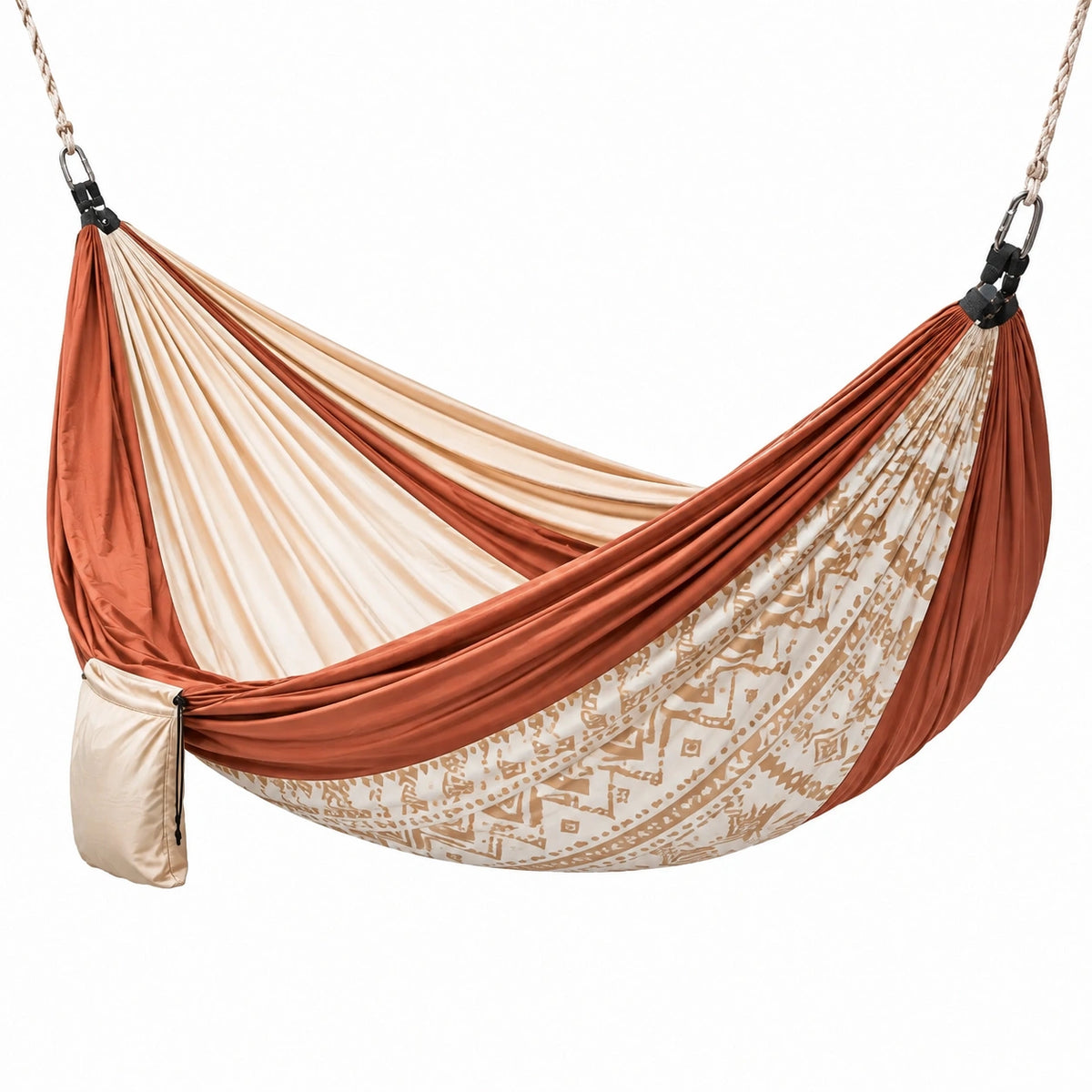 Hamac suspendu 200 x 150 cm en tissu terracotta écru et beige avec sangles de suspension