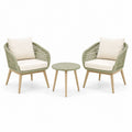 Salon de jardin 2 fauteuils et table ronde 75 cm en corde tressée vert sauge style contemporain