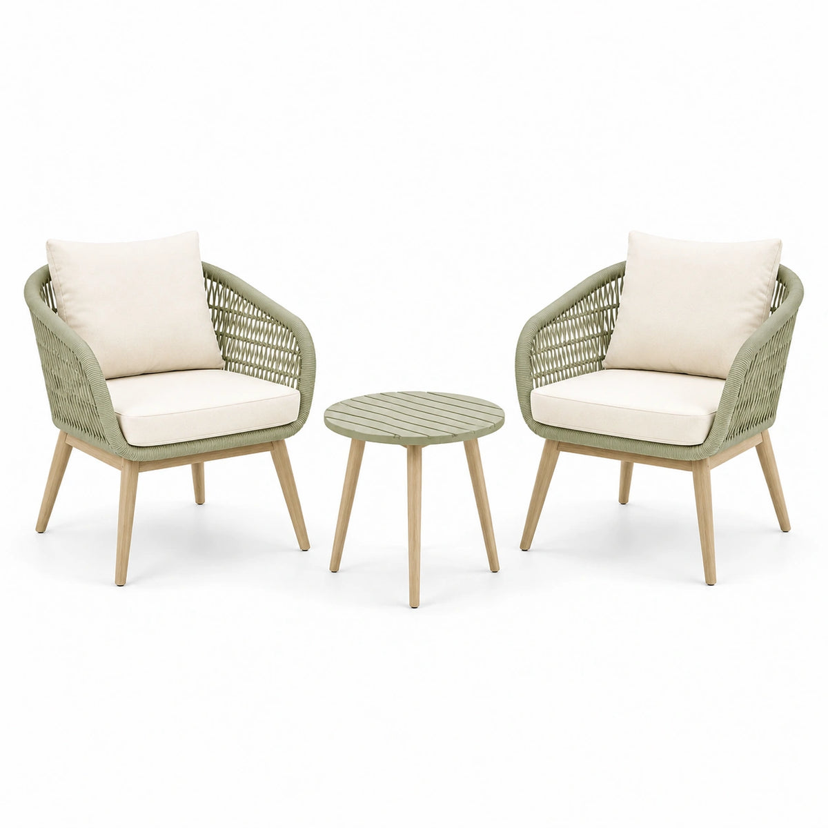 Salon de jardin 2 fauteuils et table ronde 75 cm en corde tressée vert sauge style contemporain
