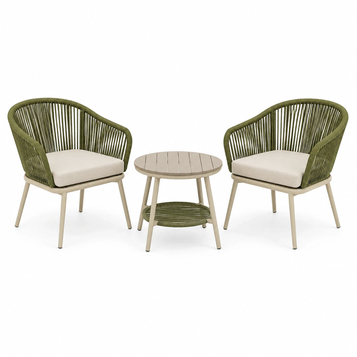Salon de jardin 2 fauteuils et table ronde 60 cm en corde vert olive style contemporain