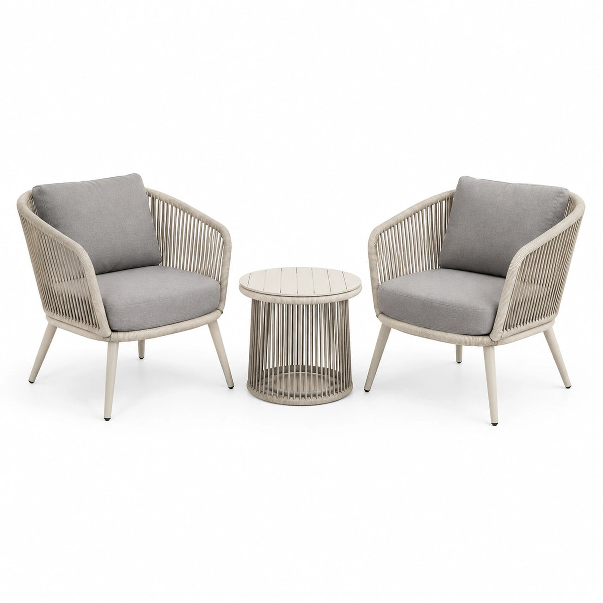 Salon de jardin 3 pièces 72 x 68 x 82 cm en métal et corde tressée beige gris pour terrasse style contemporain