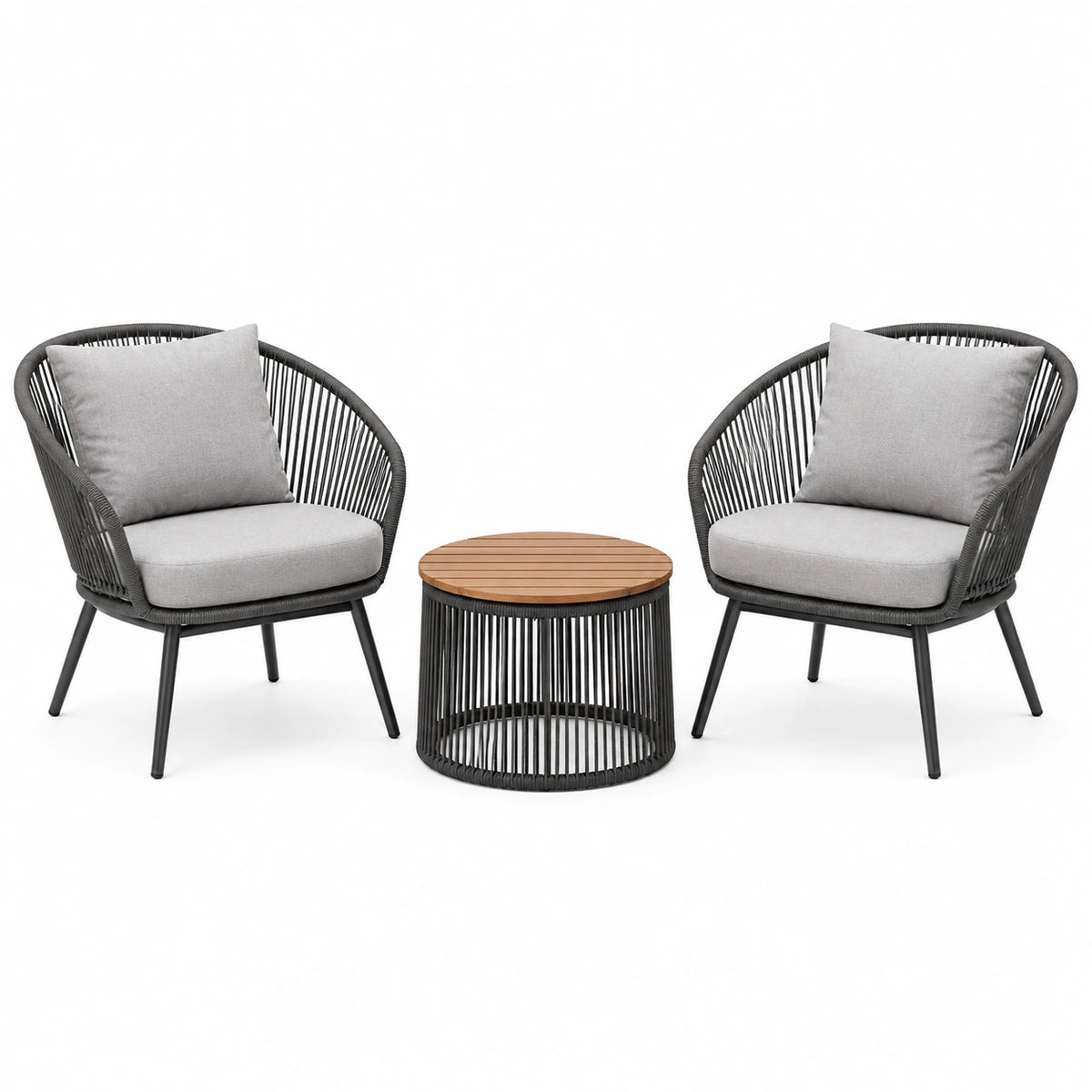 Salon de jardin 2 fauteuils table basse Ø75 cm corde noire bois style contemporain