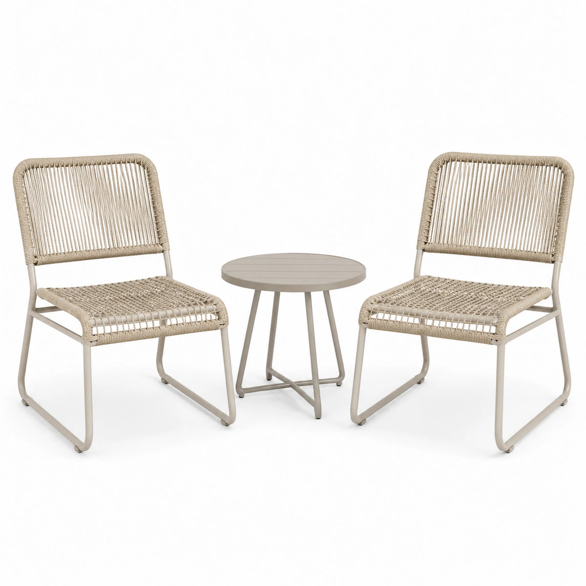 Salon de jardin 2 fauteuils et table ronde 50 cm en métal et corde beige style contemporain