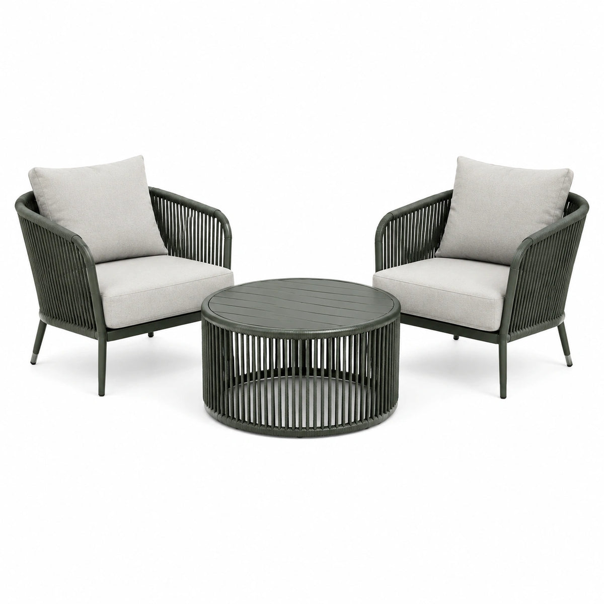 Salon de jardin 2 fauteuils et table basse diamètre 80 cm métal vert foncé style contemporain