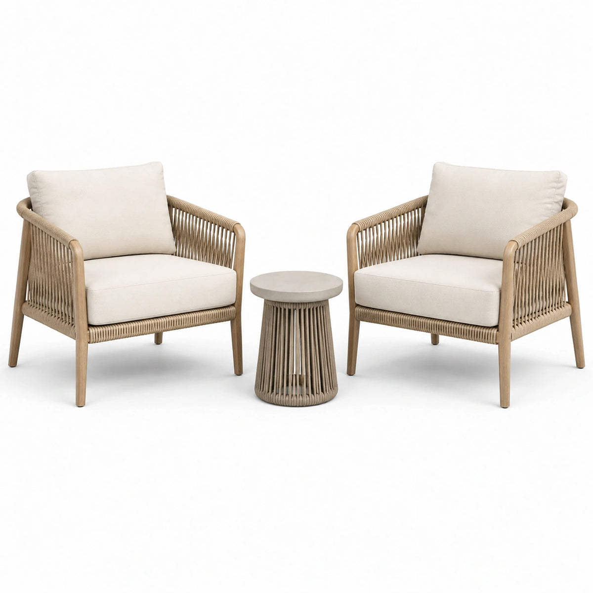Salon de jardin 3 pièces 75 x 70 x 80 cm en bois et cordage beige style naturel