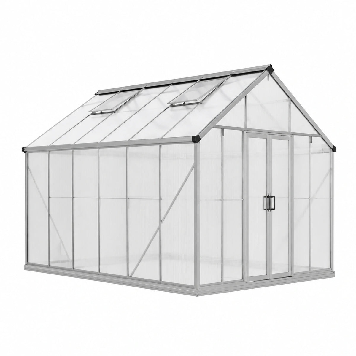Serre de jardin 302 x 190 x 195 cm en aluminium gris et polycarbonate transparent avec portes coulissantes et aérations