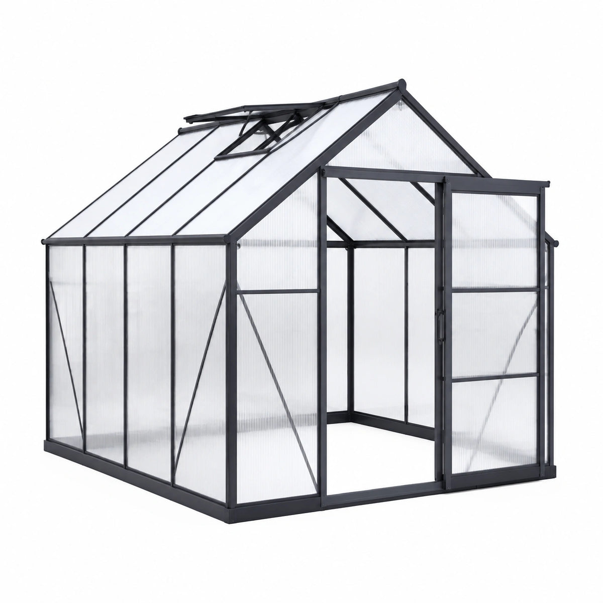 Serre de jardin 190 x 190 x 195 cm en aluminium noir et polycarbonate avec toit ouvrant
